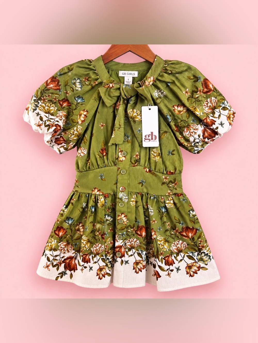 GB Girls Olive Floral Puff Sleeve Tie Neck Dress Size 4 NWT